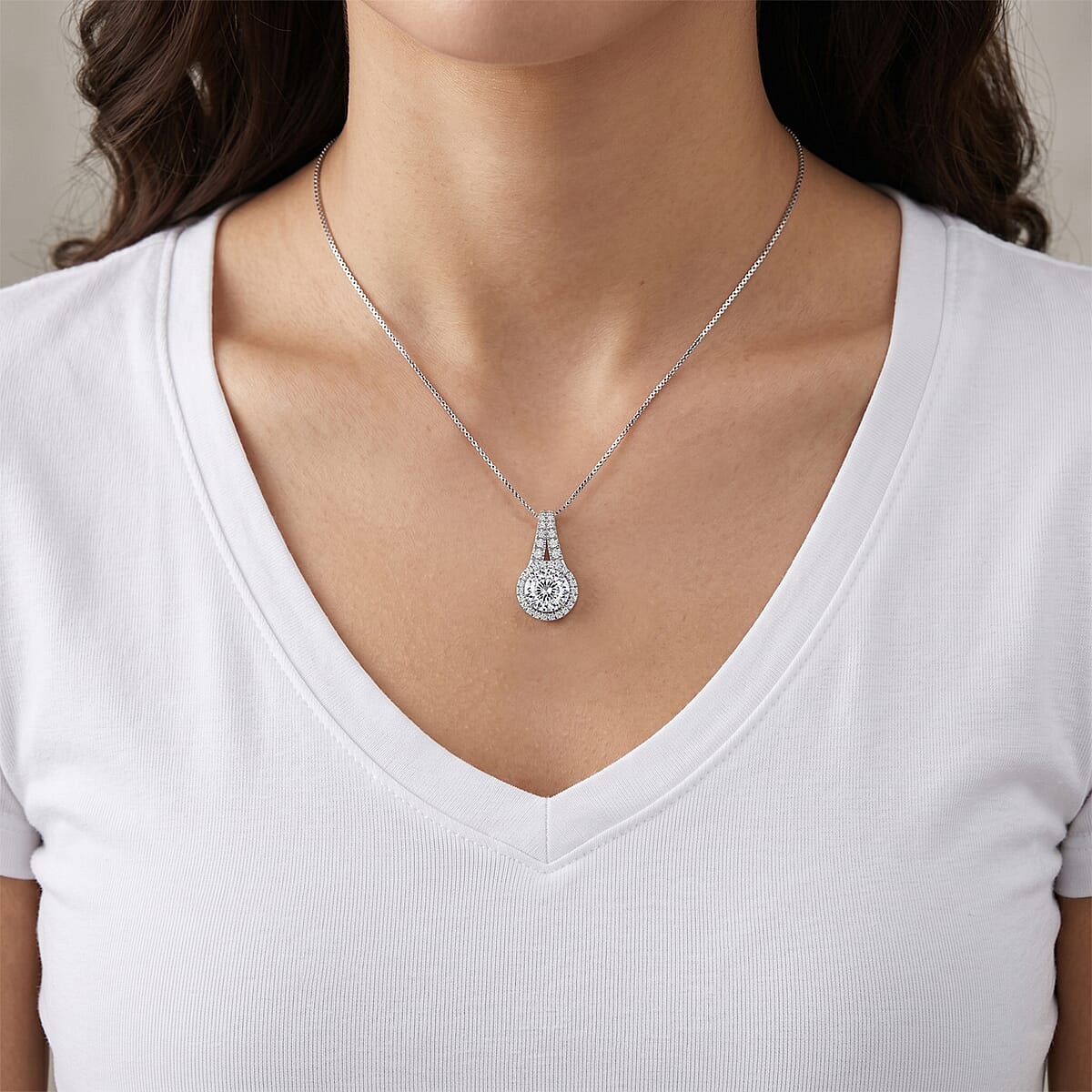 D'Joy 161 Facets Portuguese Cut Moissanite 2.75 ctw Eternal Sparkle Classic Halo Pendant Necklace in Rhodium Over Sterling Silver 18 Inches image number 2