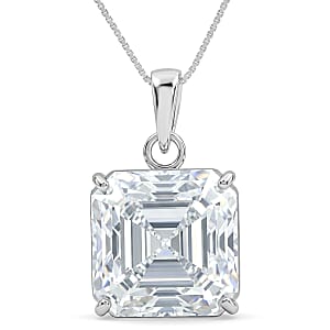 D'Joy Asscher Cut Moissanite 12.30 ctw Solitaire Pendant Necklace in Rhodium Over Sterling Silver 18 Inches