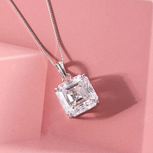 D'Joy Asscher Cut Moissanite 12.30 ctw Solitaire Pendant Necklace in Rhodium Over Sterling Silver 18 Inches