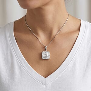 D'Joy Asscher Cut Moissanite 12.30 ctw Solitaire Pendant Necklace in Rhodium Over Sterling Silver 18 Inches