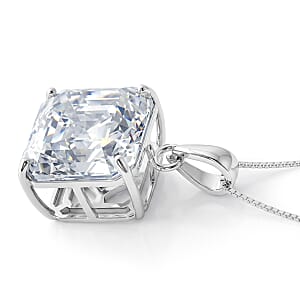 D'Joy Asscher Cut Moissanite 12.30 ctw Solitaire Pendant Necklace in Rhodium Over Sterling Silver 18 Inches