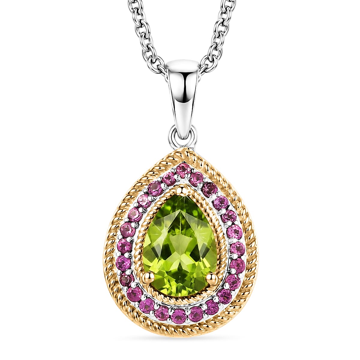 EverTrue Hebei Peridot and Orissa Rhodolite Garnet 2.50 ctw Glow vine Pendant in 18K YG Plated and Platinum Bond with Stainless Steel Necklace 20 Inches