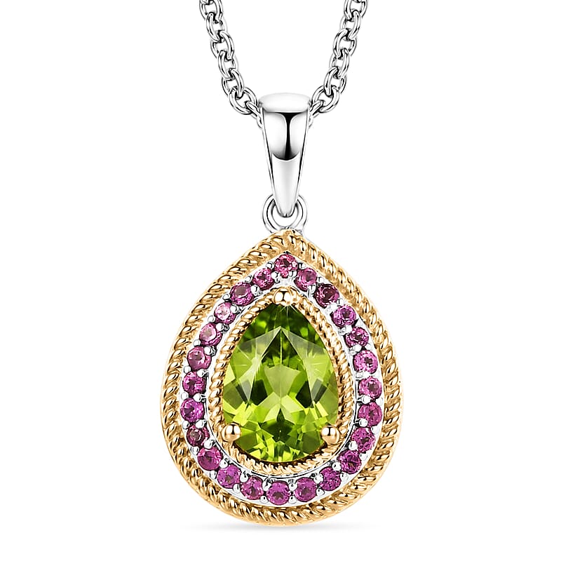 EverTrue Hebei Peridot and Orissa Rhodolite Garnet 2.50 ctw Glow vine Pendant in 18K YG Plated and Platinum Bond with Stainless Steel Necklace 20 Inches