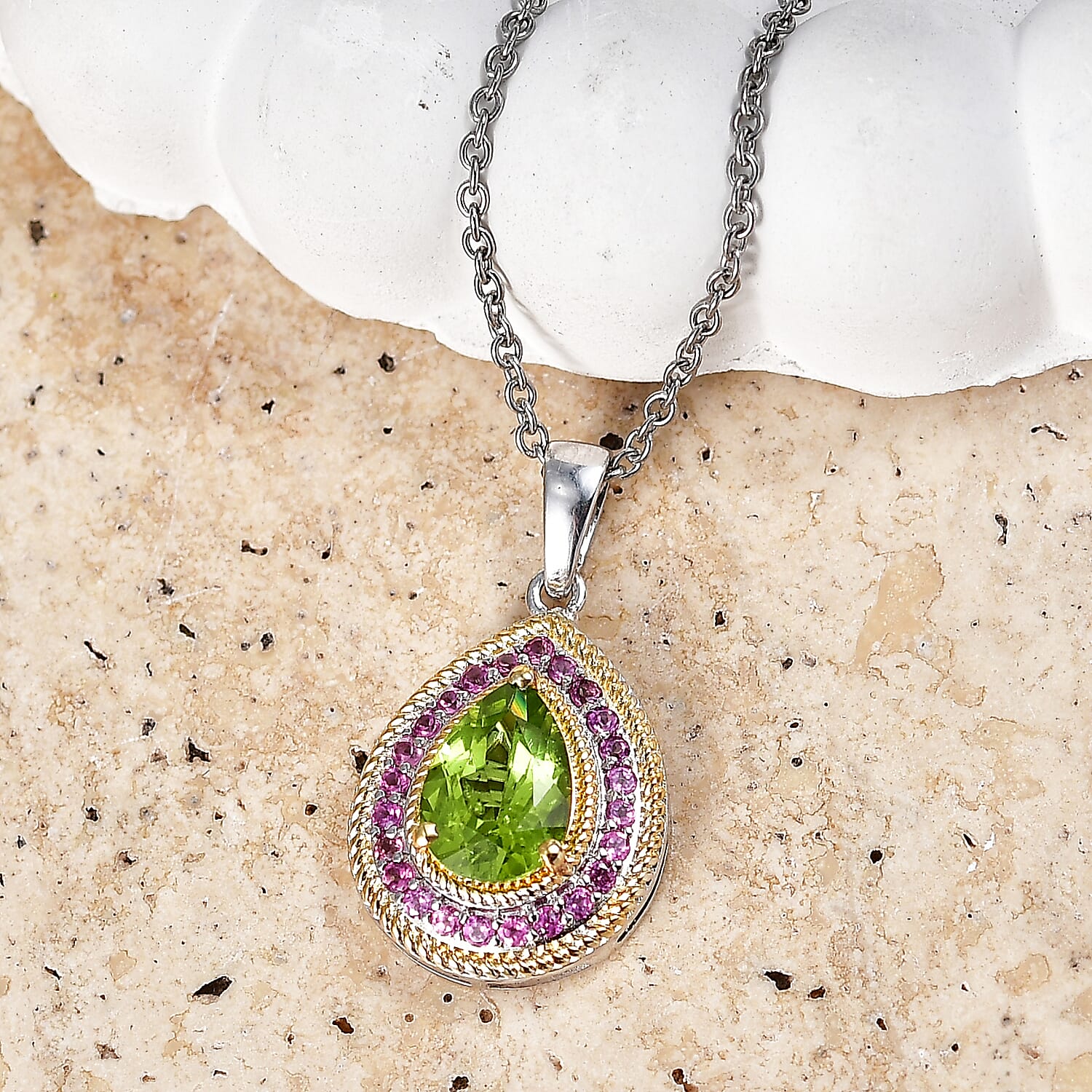 EverTrue Hebei Peridot and Orissa Rhodolite Garnet 2.50 ctw Glow vine Pendant in 18K YG Plated and Platinum Bond with Stainless Steel Necklace 20 Inches