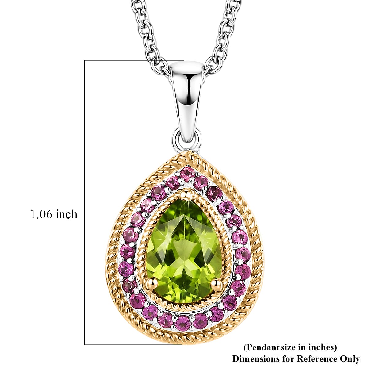 EverTrue Hebei Peridot and Orissa Rhodolite Garnet 2.50 ctw Glow vine Pendant in 18K YG Plated and Platinum Bond with Stainless Steel Necklace 20 Inches
