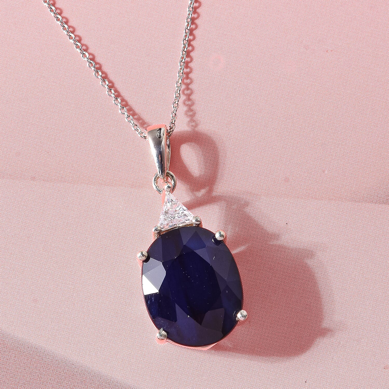 AAA Kanchanaburi Blue Sapphire (DF) and Luxuriant Lab Grown Diamond E-F VS 10.15 ctw Midnight Royal Solitaire Pendant Necklace in 10K White Gold 18 Inches