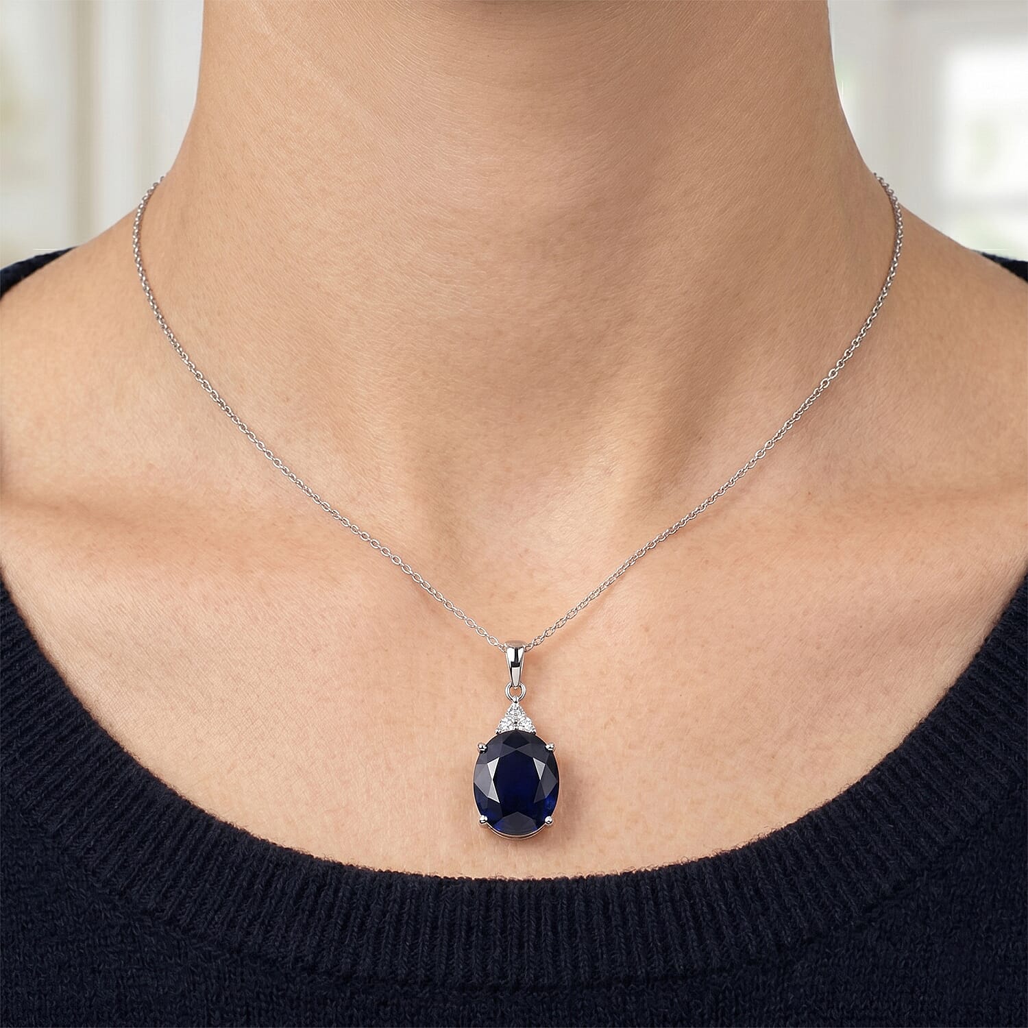 AAA Kanchanaburi Blue Sapphire (DF) and Luxuriant Lab Grown Diamond E-F VS 10.15 ctw Midnight Royal Solitaire Pendant Necklace in 10K White Gold 18 Inches