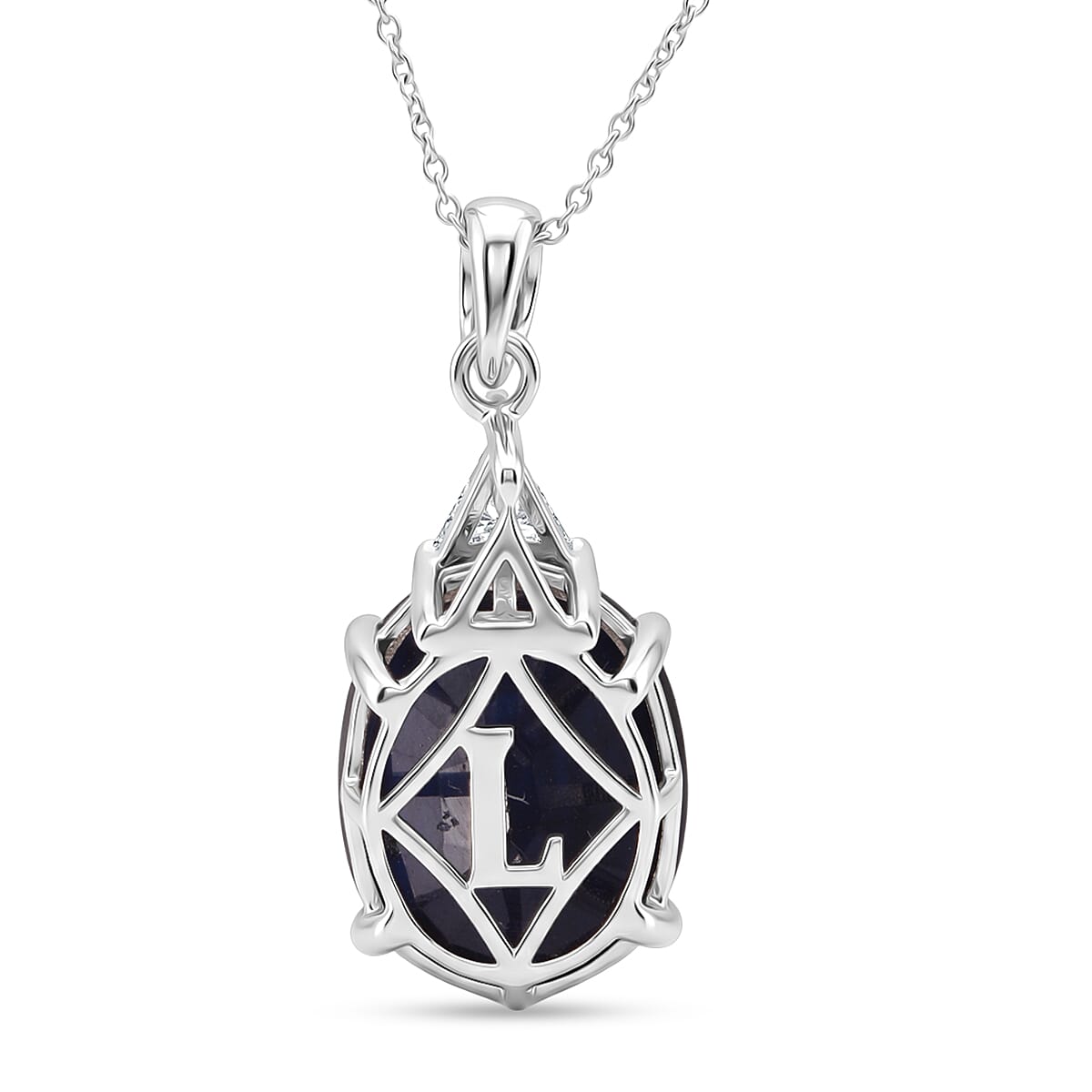 AAA Kanchanaburi Blue Sapphire (DF) and Luxuriant Lab Grown Diamond E-F VS 10.15 ctw Midnight Royal Solitaire Pendant Necklace in 10K White Gold 18 Inches