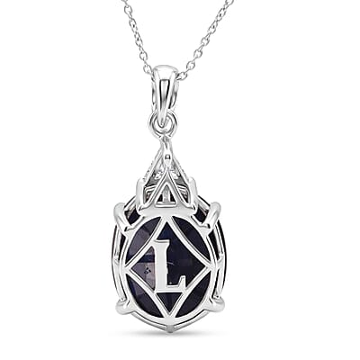 AAA Kanchanaburi Blue Sapphire (DF) and Luxuriant Lab Grown Diamond E-F VS 10.15 ctw Midnight Royal Solitaire Pendant Necklace in 10K White Gold 18 Inches