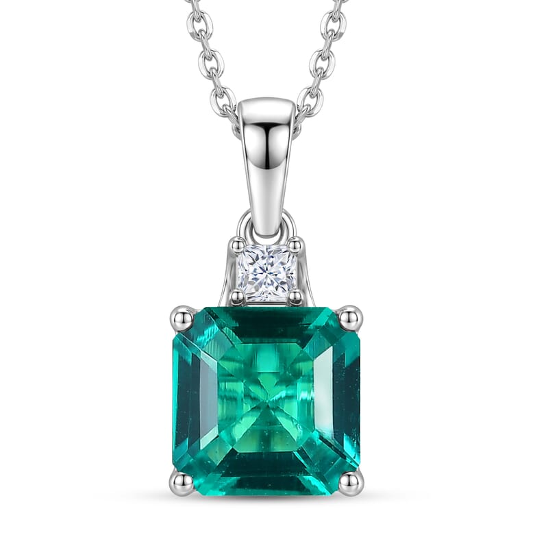 D'Joy Asscher Cut AAA Lab Grown Colombian Emerald and Moissanite 2.40 ctw Verdant Geometry Pendant Necklace in Rhodium Over Sterling Silver 20 Inches