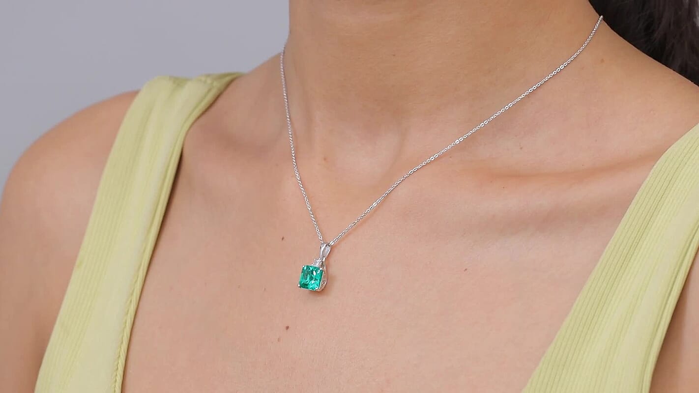 D'Joy Asscher Cut AAA Lab Grown Colombian Emerald, Moissanite Pendant Necklace (20 Inches) in Rhodium Over Sterling Silver 2.40 ctw
