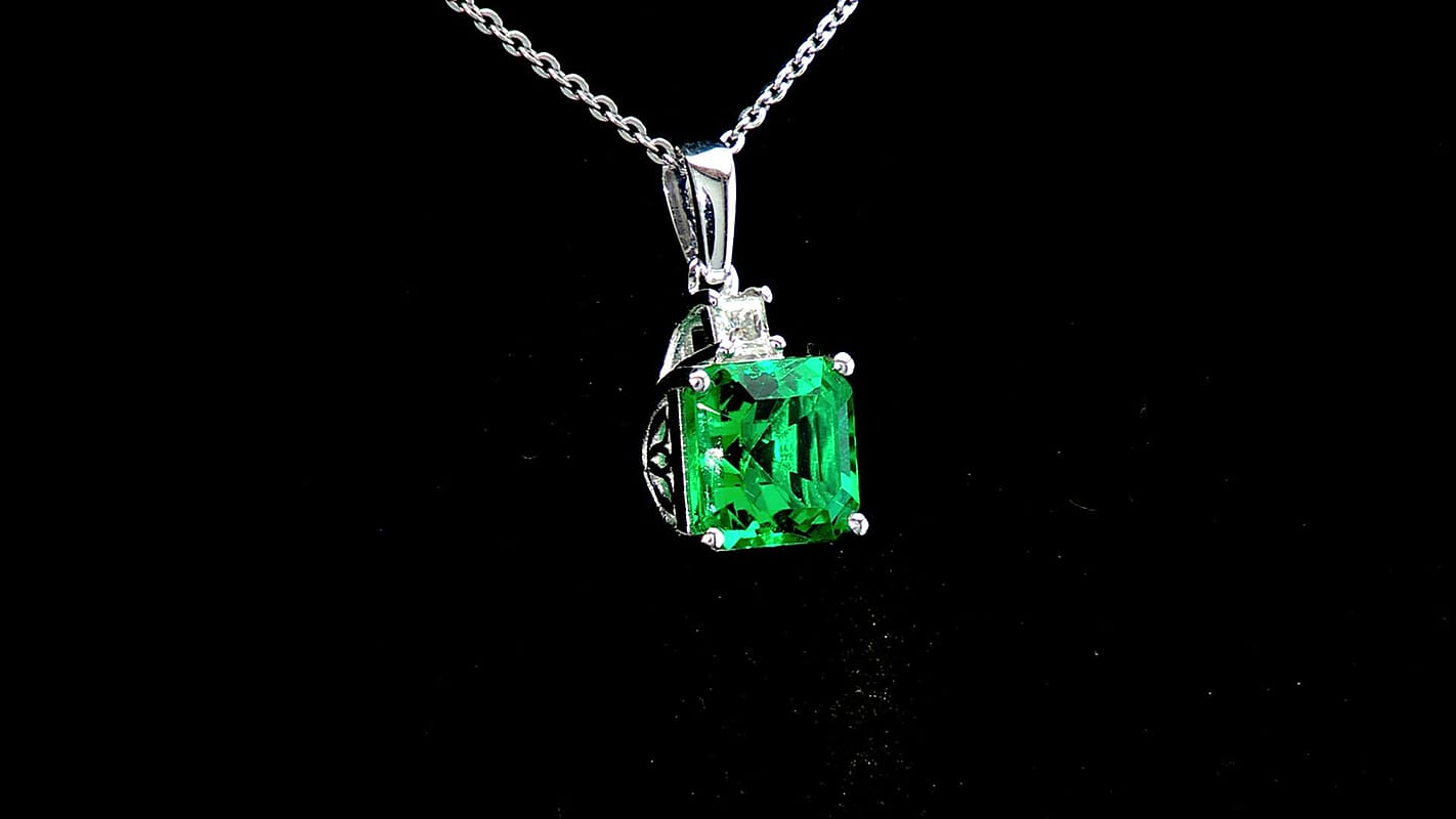 D'Joy Asscher Cut AAA Lab Grown Colombian Emerald, Moissanite Pendant Necklace (20 Inches) in Rhodium Over Sterling Silver 2.40 ctw