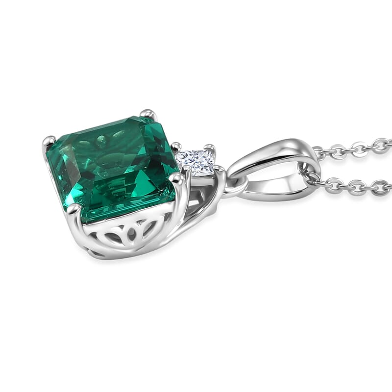 D'Joy Asscher Cut AAA Lab Grown Colombian Emerald and Moissanite 2.40 ctw Verdant Geometry Pendant Necklace in Rhodium Over Sterling Silver 20 Inches