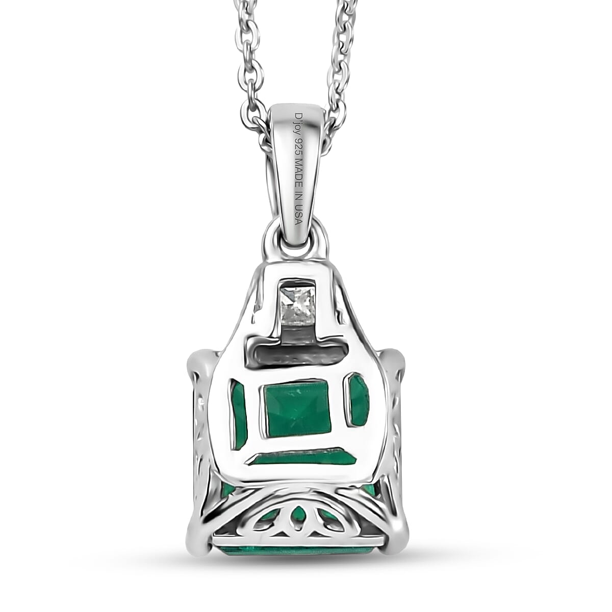 D'Joy Asscher Cut AAA Lab Grown Colombian Emerald and Moissanite 2.40 ctw Verdant Geometry Pendant Necklace in Rhodium Over Sterling Silver 20 Inches image number 4