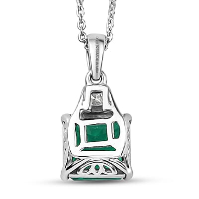 D'Joy Asscher Cut AAA Lab Grown Colombian Emerald and Moissanite 2.40 ctw Verdant Geometry Pendant Necklace in Rhodium Over Sterling Silver 20 Inches