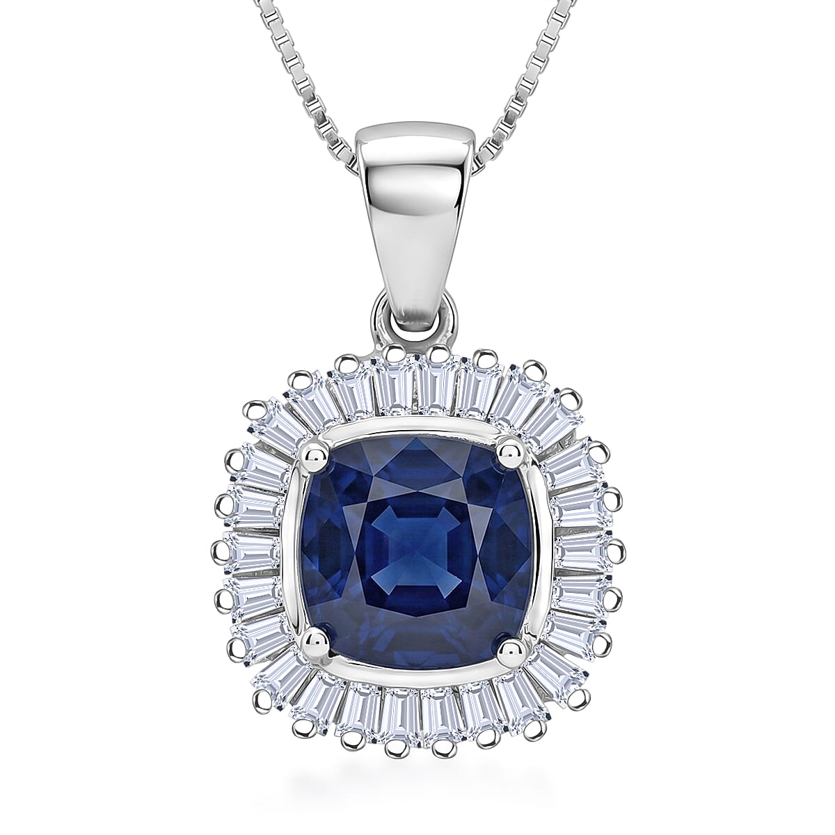 D'Joy Kanchanaburi Blue Sapphire (DF) and Moissanite 3.30 ctw Blue Eclipse Halo Pendant Necklace in Rhodium Over Sterling Silver 18 Inches