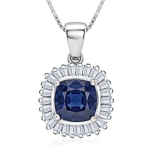 D'Joy Kanchanaburi Blue Sapphire (DF) and Moissanite 3.30 ctw Blue Eclipse Halo Pendant Necklace in Rhodium Over Sterling Silver 18 Inches