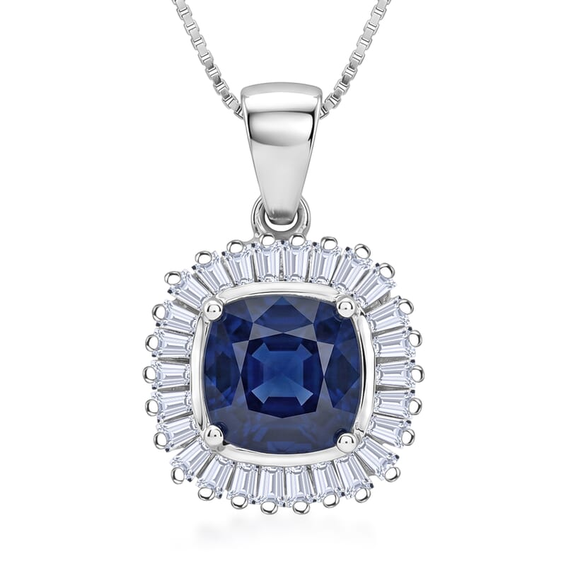 D'Joy Kanchanaburi Blue Sapphire (DF) and Moissanite 3.30 ctw Blue Eclipse Halo Pendant Necklace in Rhodium Over Sterling Silver 18 Inches