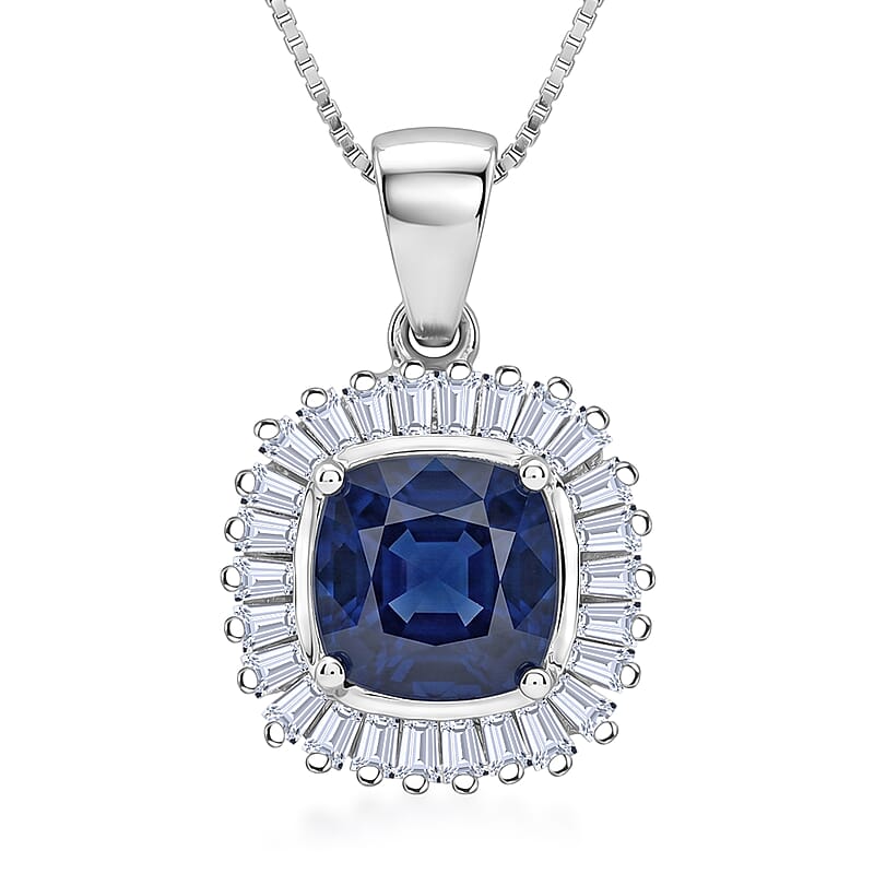 D'Joy Kanchanaburi Blue Sapphire (DF) and Moissanite 3.30 ctw Blue Eclipse Halo Pendant Necklace in Rhodium Over Sterling Silver 18 Inches