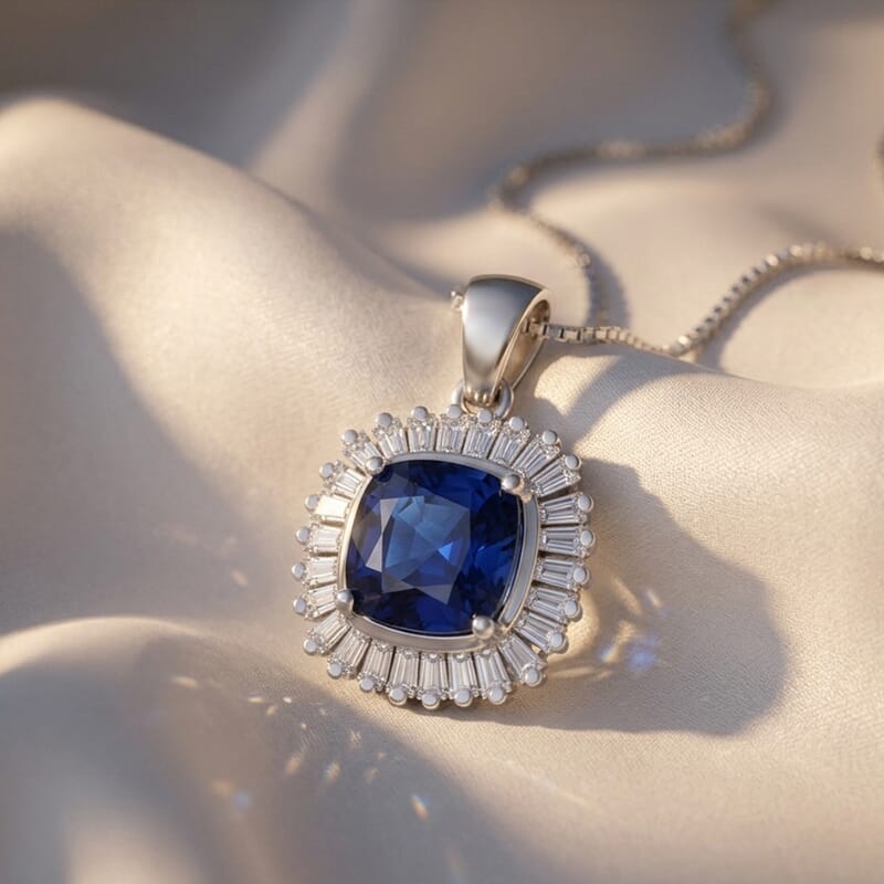 D'Joy Kanchanaburi Blue Sapphire (DF) and Moissanite 3.30 ctw Blue Eclipse Halo Pendant Necklace in Rhodium Over Sterling Silver 18 Inches