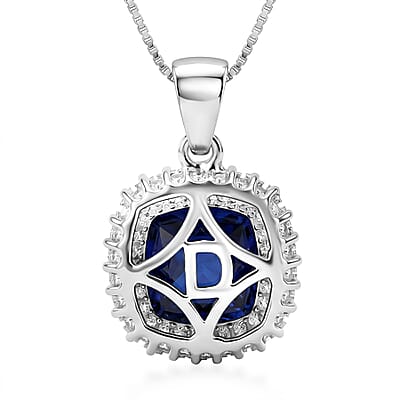 D'Joy Kanchanaburi Blue Sapphire (DF) and Moissanite 3.30 ctw Blue Eclipse Halo Pendant Necklace in Rhodium Over Sterling Silver 18 Inches