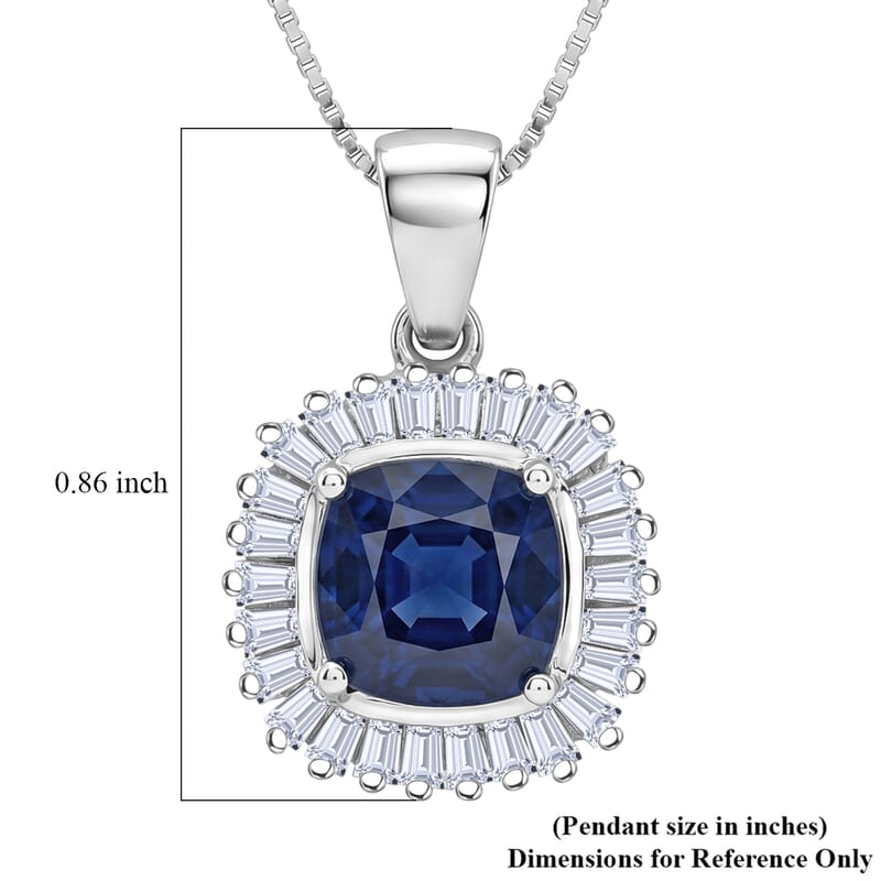 D'Joy Kanchanaburi Blue Sapphire (DF) and Moissanite 3.30 ctw Blue Eclipse Halo Pendant Necklace in Rhodium Over Sterling Silver 18 Inches