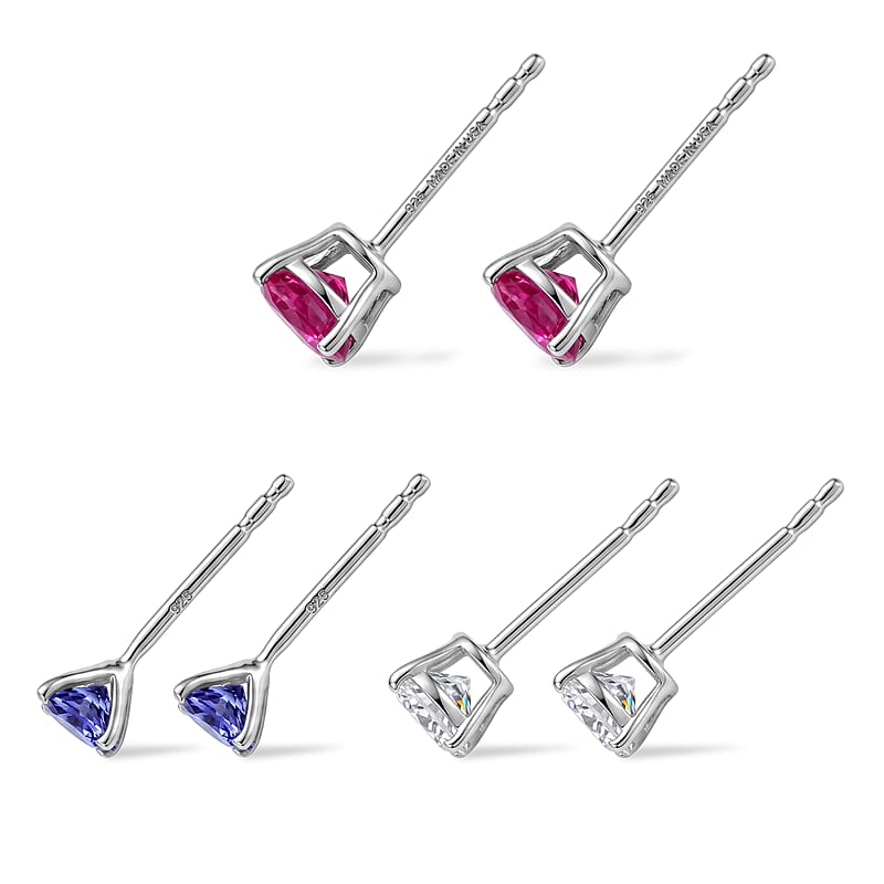 Set of 3 - D'Joy Multi Gemstone 3.00 ctw Solitaire Stud Earrings in Platinum Over Sterling Silver
