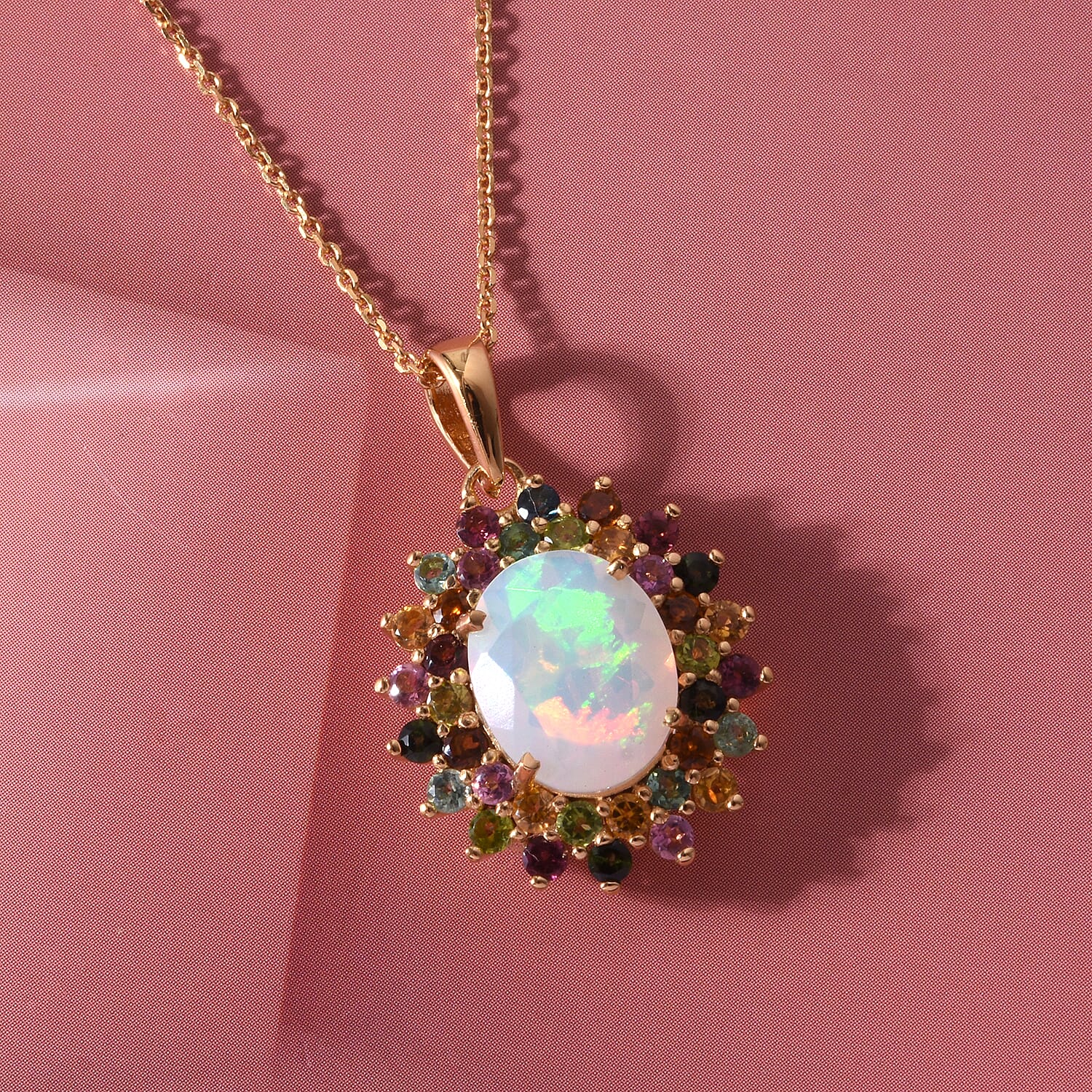 D'Joy Premium Ethiopian Welo Opal and Multi-Tourmaline 3.50 ctw Celestial Bloom Pendant Necklace in 18K Vermeil Yellow Gold Over Sterling Silver 18 Inches