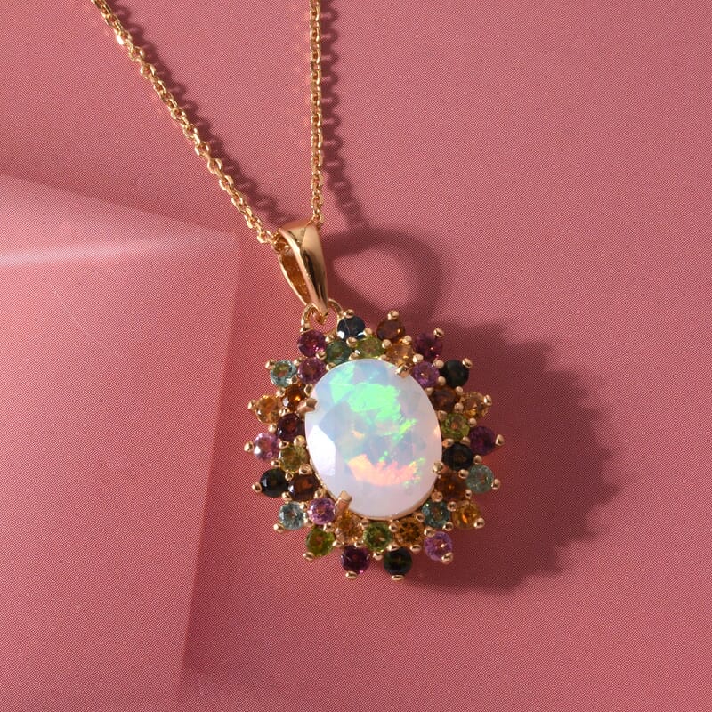 D'Joy Premium Ethiopian Welo Opal and Multi-Tourmaline 3.50 ctw Celestial Bloom Pendant Necklace in 18K Vermeil Yellow Gold Over Sterling Silver 18 Inches