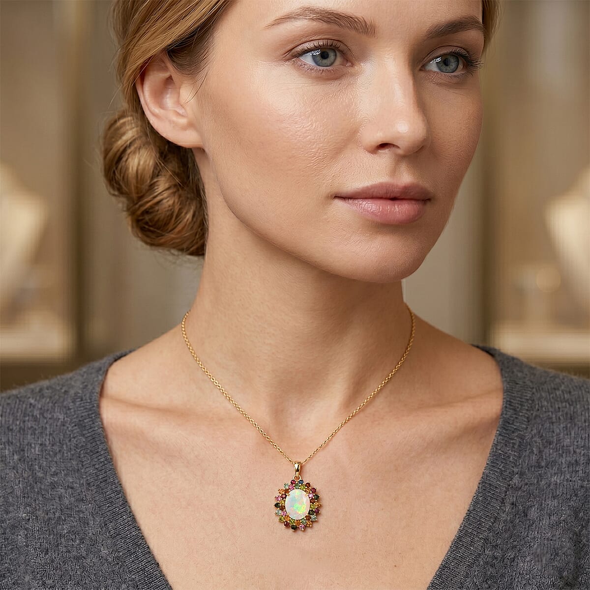 D'Joy Premium Ethiopian Welo Opal and Multi-Tourmaline 3.50 ctw Celestial Bloom Pendant Necklace in 18K Vermeil Yellow Gold Over Sterling Silver 18 Inches image number 2