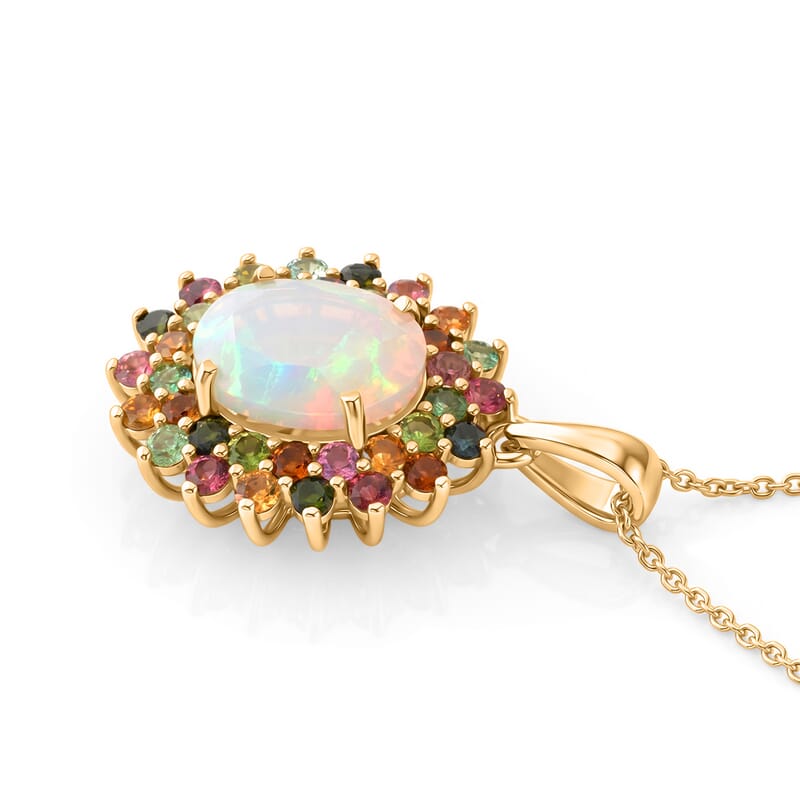 D'Joy Premium Ethiopian Welo Opal and Multi-Tourmaline 3.50 ctw Celestial Bloom Pendant Necklace in 18K Vermeil Yellow Gold Over Sterling Silver 18 Inches