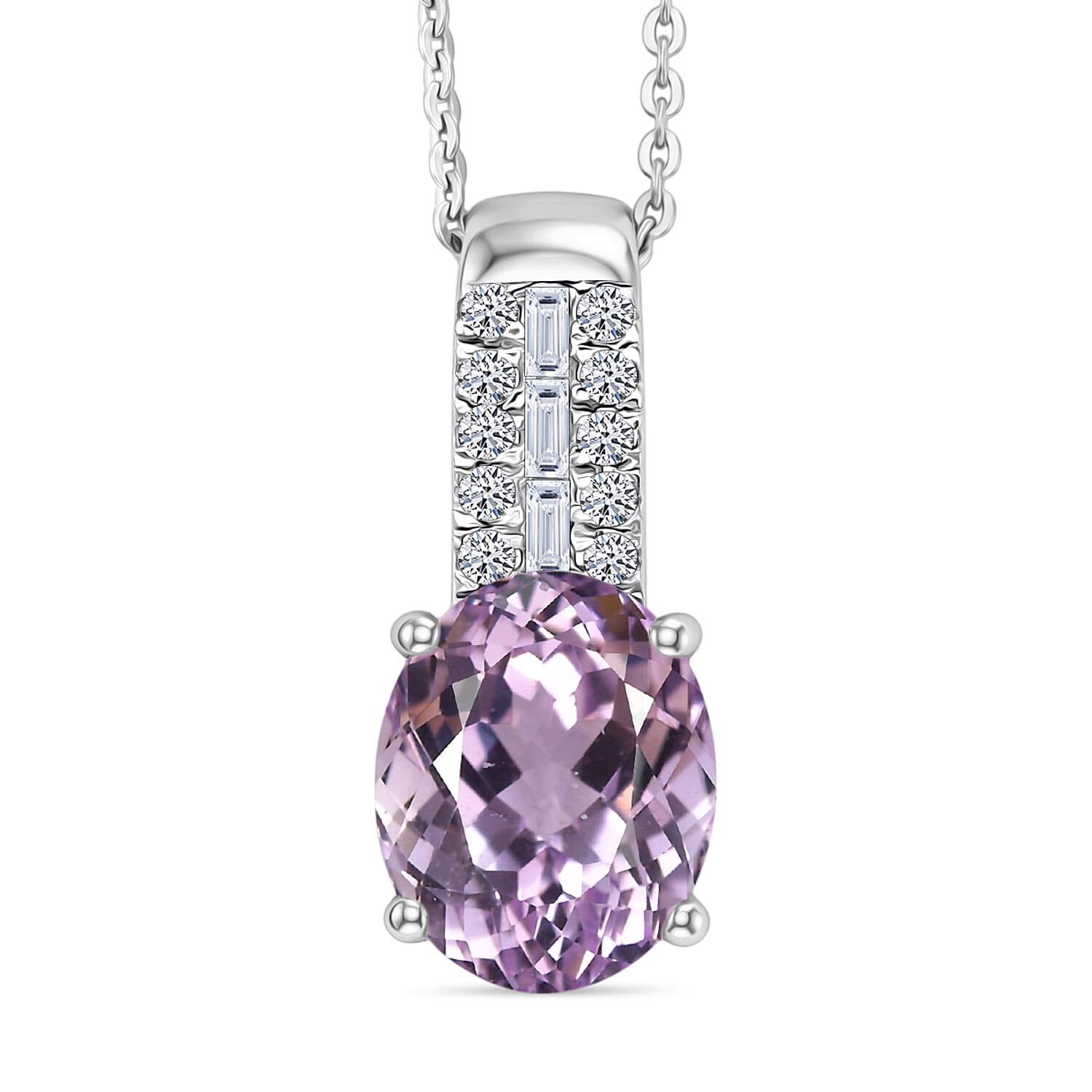 Premium Martha Rocha Kunzite and Luxuriant Lab Grown Diamond G-H SI 4.00 ctw Pendant Necklace in Rhodium Over Sterling Silver 20