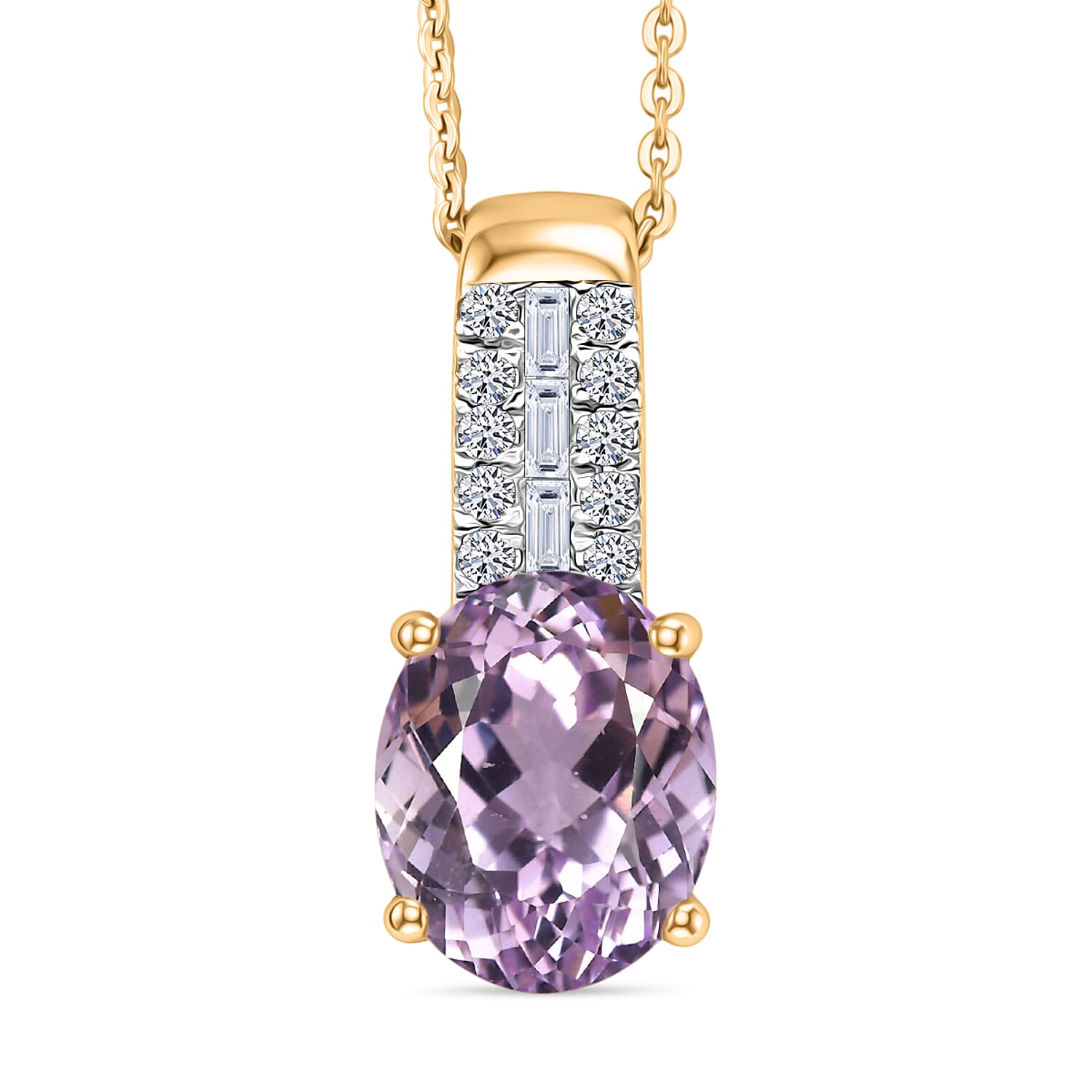 Premium Martha Rocha Kunzite and Luxuriant Lab Grown Diamond G-H SI 4.00 ctw Pendant Necklace in 18K Vermeil Yellow Gold Over St