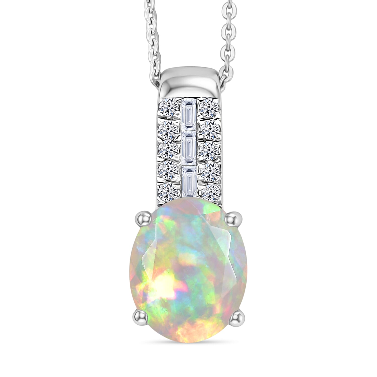 Premium Ethiopian Welo Opal and Luxuriant Lab Grown Diamond G-H SI 2.35 ctw Pendant Necklace in Rhodium Over Sterling Silver 20
