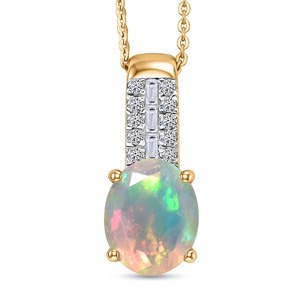 Premium Ethiopian Welo Opal and Luxuriant Lab Grown Diamond G-H SI 2.35 ctw Pendant Necklace in 18K Vermeil Yellow Gold Over Sterling Silver 20 Inches