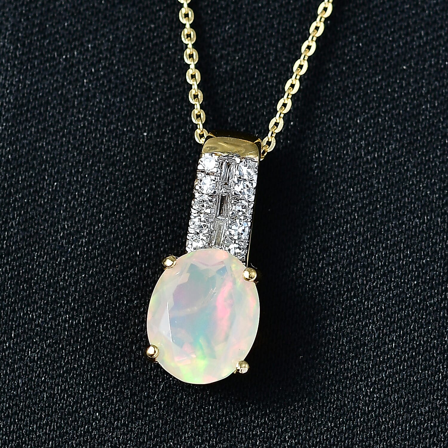 Premium Ethiopian Welo Opal and Luxuriant Lab Grown Diamond G-H SI 2.35 ctw Pendant Necklace in 18K Vermeil Yellow Gold Over Sterling Silver 20 Inches