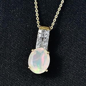 Premium Ethiopian Welo Opal and Luxuriant Lab Grown Diamond G-H SI 2.25 ctw Pendant Necklace in 18K Vermeil Yellow Gold Over Sterling Silver 20 Inches 