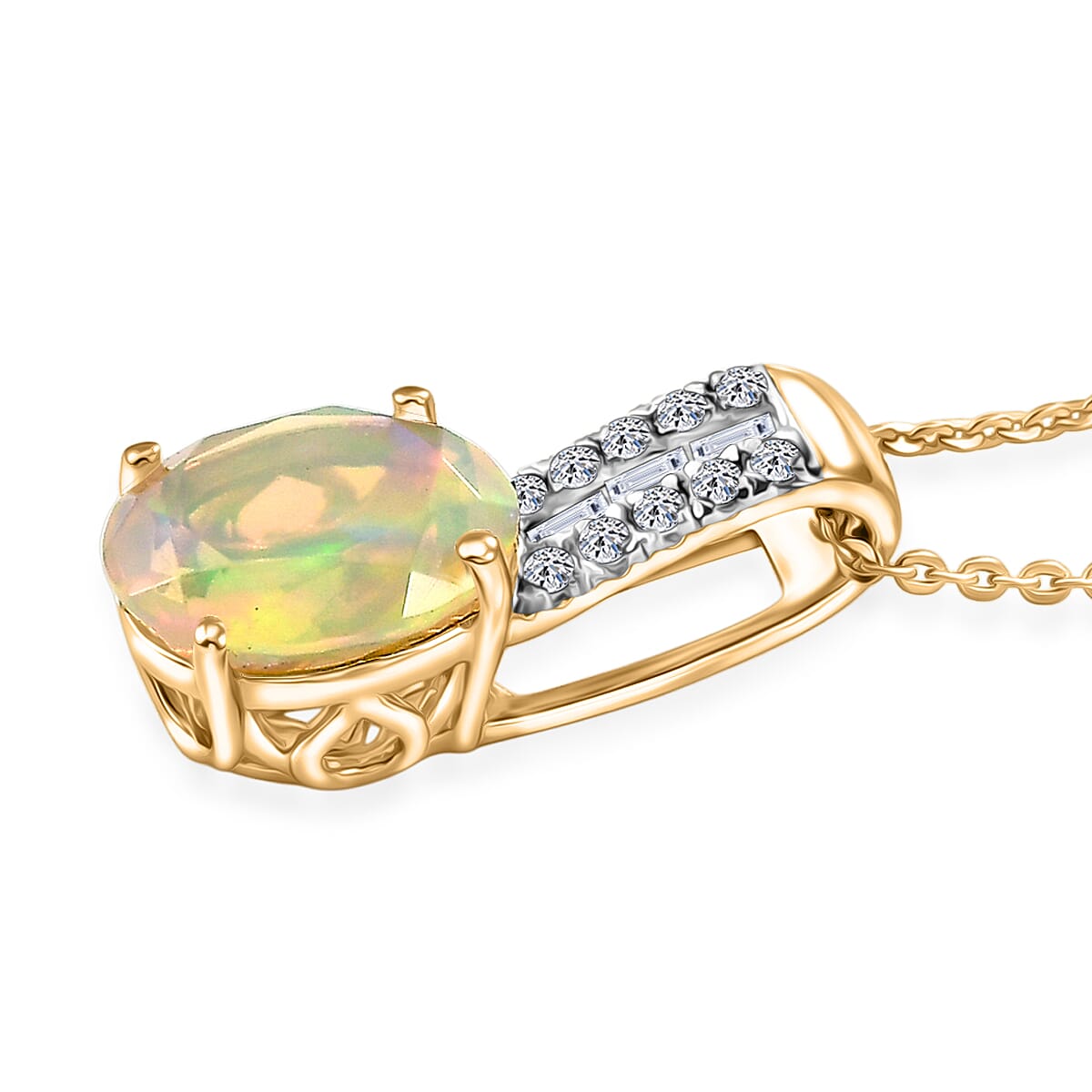 Premium Ethiopian Welo Opal and Luxuriant Lab Grown Diamond G-H SI 2.35 ctw Pendant Necklace in 18K Vermeil Yellow Gold Over Sterling Silver 20 Inches image number 3