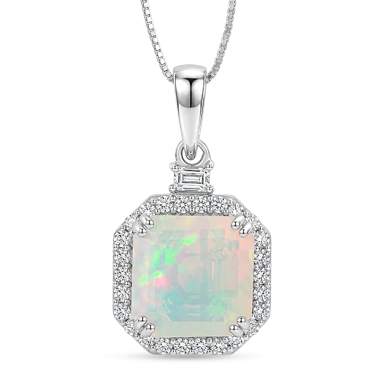 D'Joy AAA Ethiopian Welo Opal and Moissanite 3.00 ctw Starlit Frame Pendant Necklace in Rhodium Over Sterling Silver 18 Inches