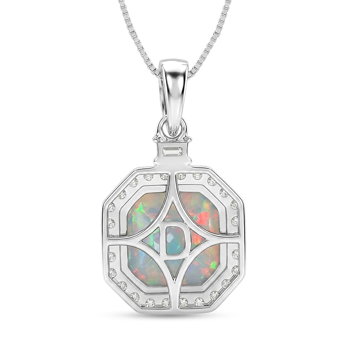 D'Joy AAA Ethiopian Welo Opal and Moissanite 3.00 ctw Starlit Frame Pendant Necklace in Rhodium Over Sterling Silver 18 Inches  image number 4