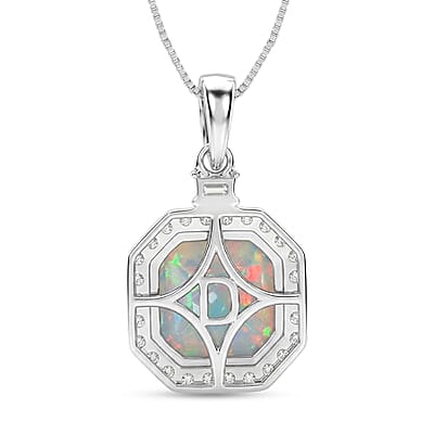 D'Joy AAA Ethiopian Welo Opal and Moissanite 3.00 ctw Starlit Frame Pendant Necklace in Rhodium Over Sterling Silver 18 Inches