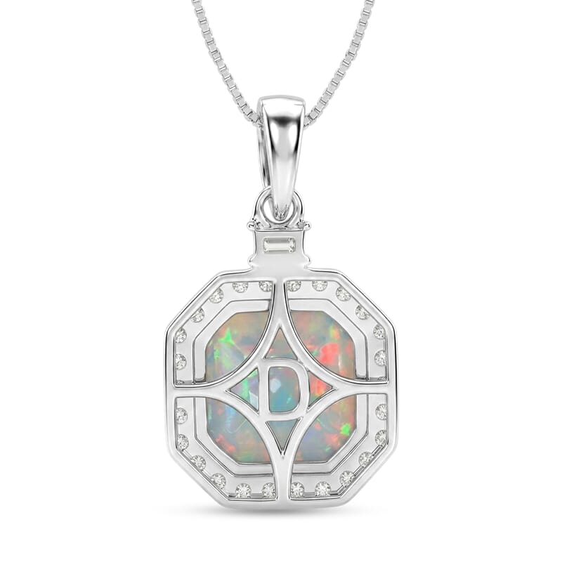 D'Joy AAA Ethiopian Welo Opal and Moissanite 3.00 ctw Starlit Frame Pendant Necklace in Rhodium Over Sterling Silver 18 Inches