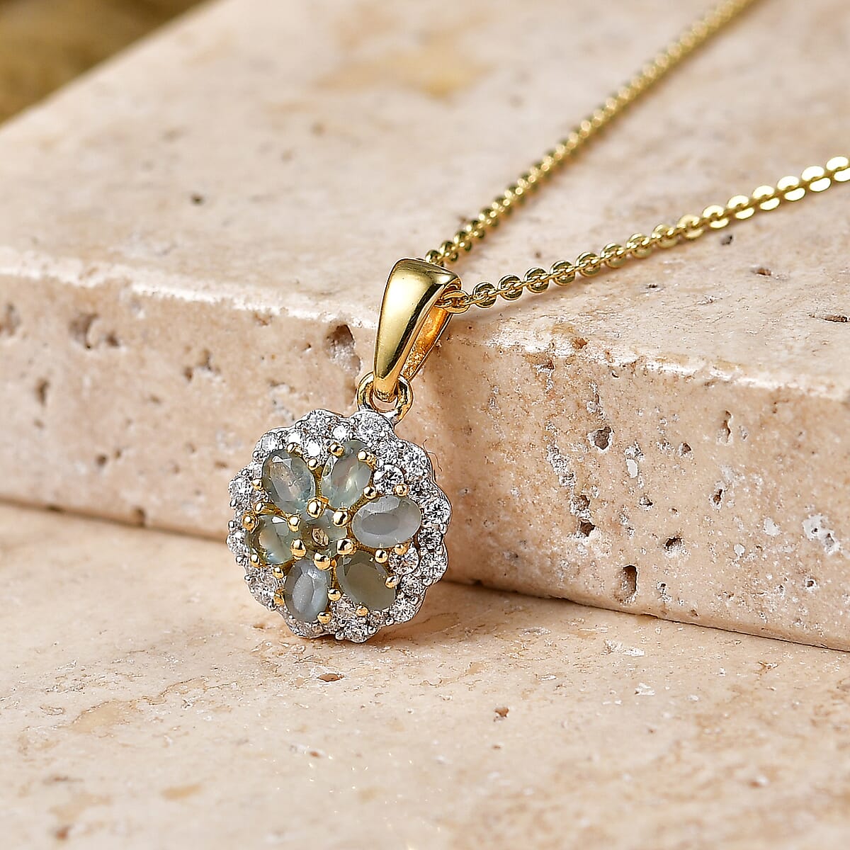 D'Joy Narsipatnam Alexandrite and Moissanite 0.75 ctw Garden Spark Flower Pendant Necklace in 18K Vermeil Yellow Gold Over Sterling Silver 20 Inches image number 1