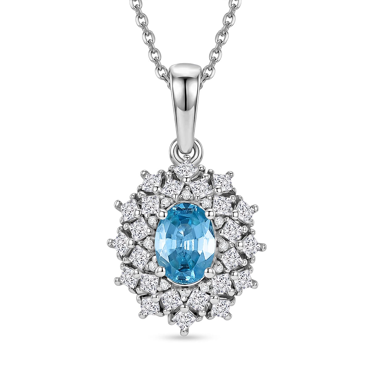 D'Joy Premium Cambodian Blue Zircon and Moissanite 1.70 ctw Azure Sunflare Pendant Necklace in Rhodium Over Sterling Silver 20 Inches