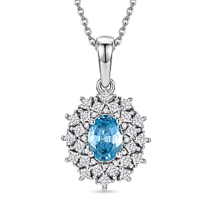 D'Joy Premium Cambodian Blue Zircon and Moissanite 1.70 ctw Azure Sunflare Pendant Necklace in Rhodium Over Sterling Silver 20 Inches