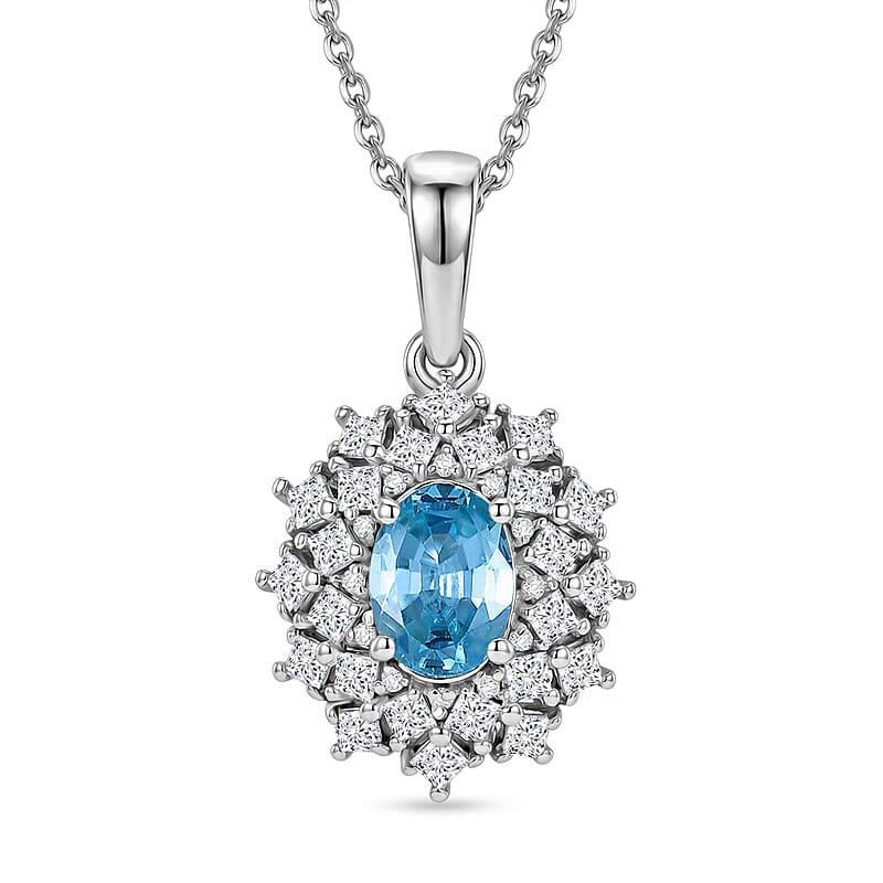 D'Joy Premium Cambodian Blue Zircon and Moissanite 1.70 ctw Azure Sunflare Pendant Necklace in Rhodium Over Sterling Silver 20 Inches