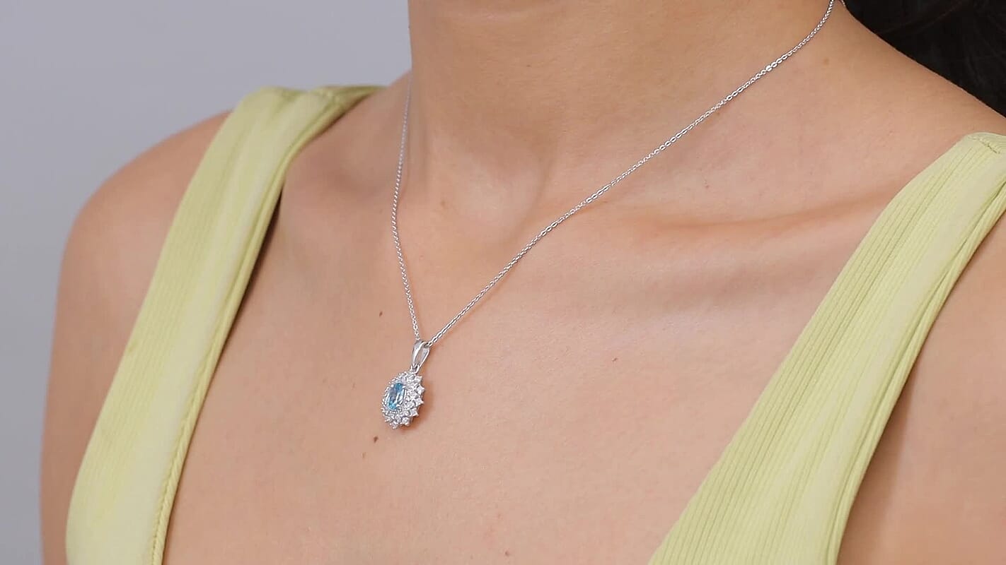 D'Joy Premium Cambodian Blue Zircon, Moissanite Azure Sunflare Pendant Necklace (20 Inches) in Rhodium Over Sterling Silver 1.70 ctw