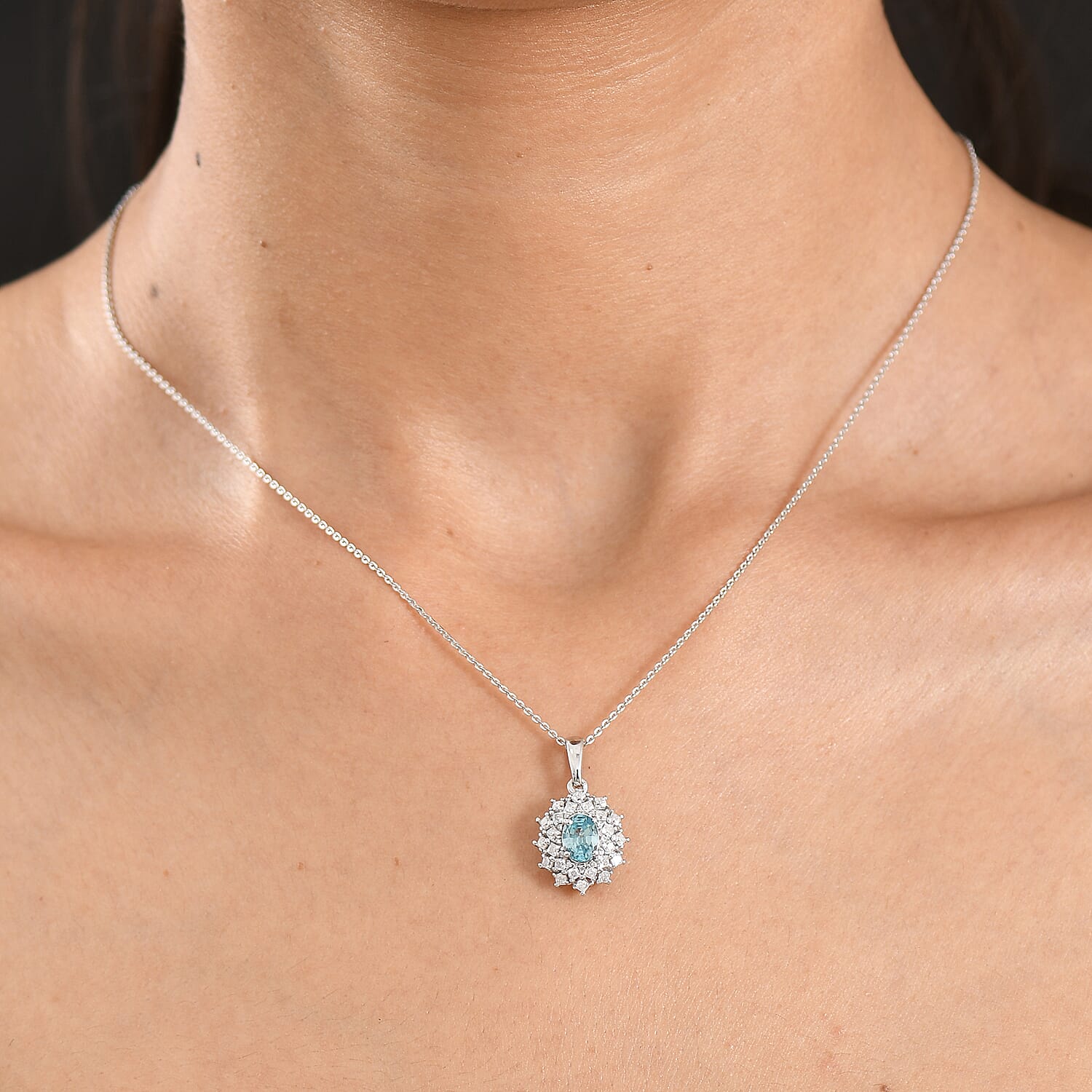D'Joy Premium Cambodian Blue Zircon and Moissanite 1.70 ctw Azure Sunflare Pendant Necklace in Rhodium Over Sterling Silver 20 Inches