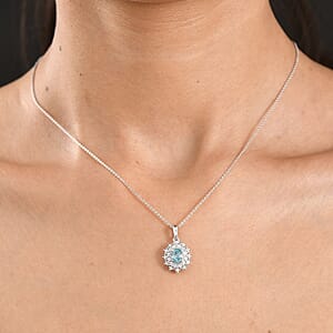 D'Joy Premium Cambodian Blue Zircon and Moissanite 1.70 ctw Azure Sunflare Pendant Necklace in Rhodium Over Sterling Silver 20 Inches