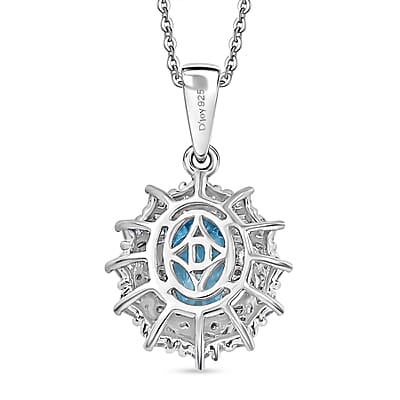 D'Joy Premium Cambodian Blue Zircon and Moissanite 1.70 ctw Azure Sunflare Pendant Necklace in Rhodium Over Sterling Silver 20 Inches